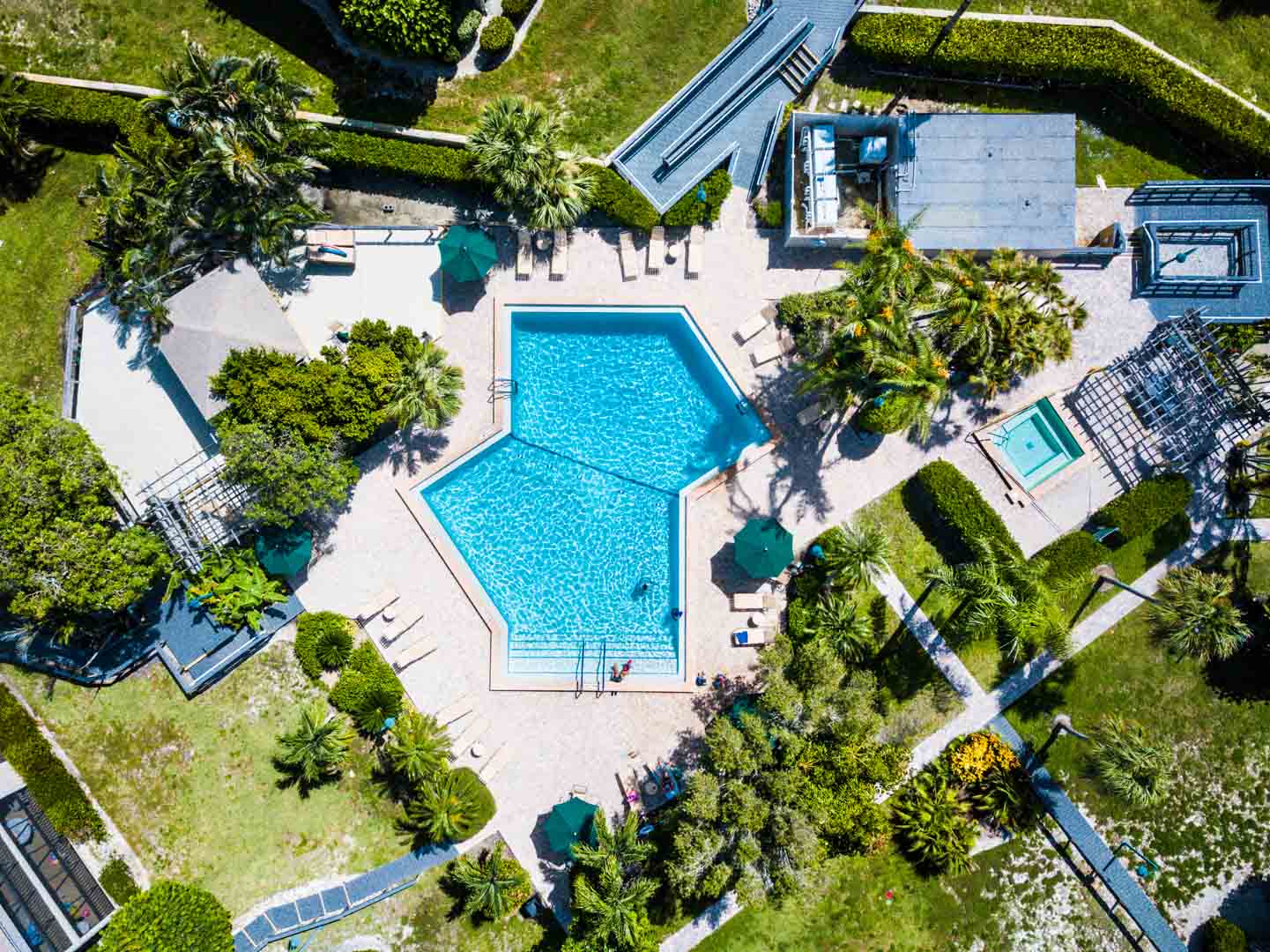 An overview of the outdoor swimming pool at VRI's Sanibel Beach Club in Sanibel Island, Florida.
